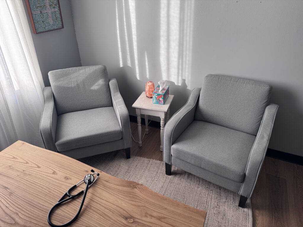 photo of consultation room chairs and stethoscope