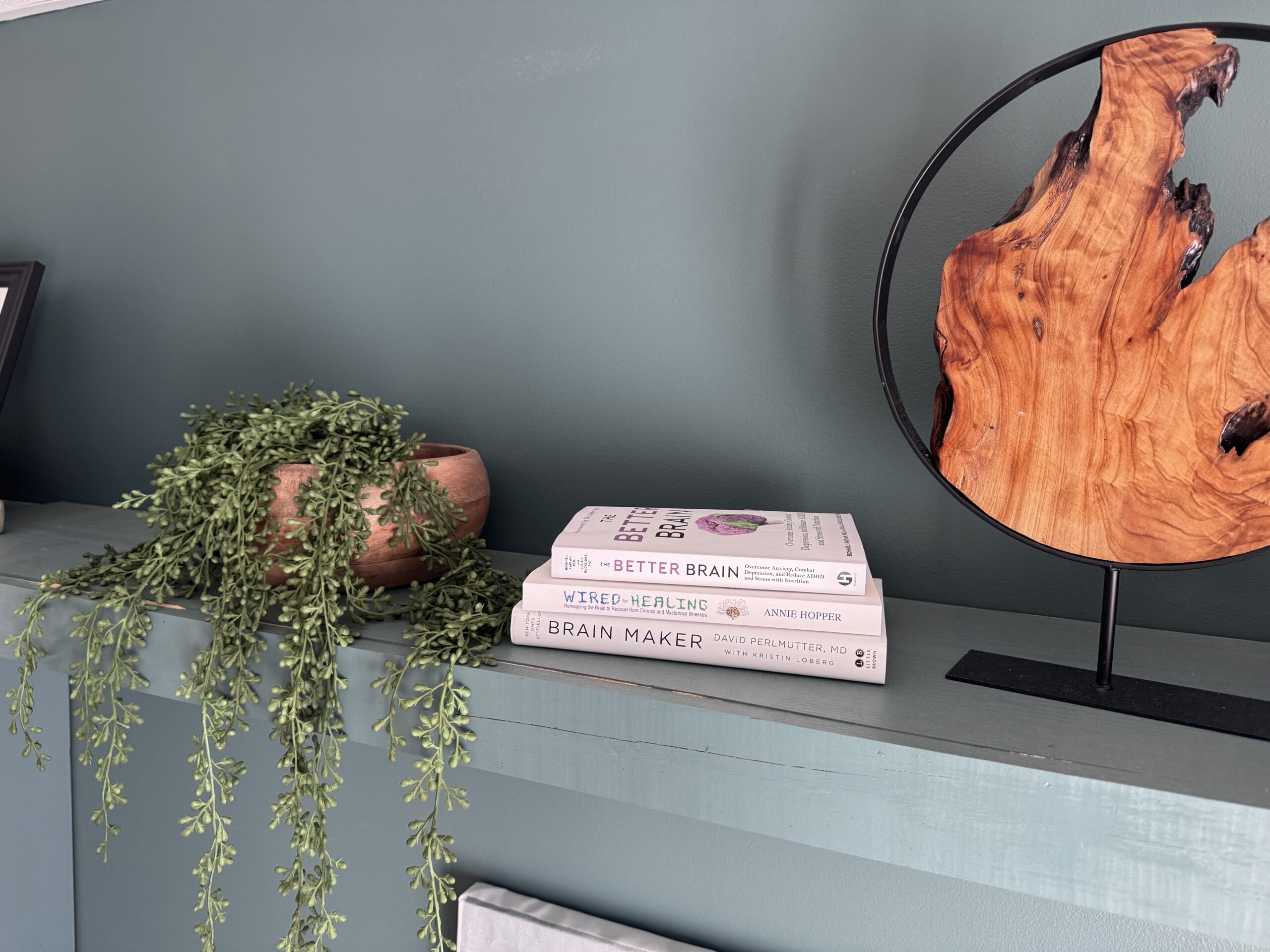 decor on shelf in counselors room with books
