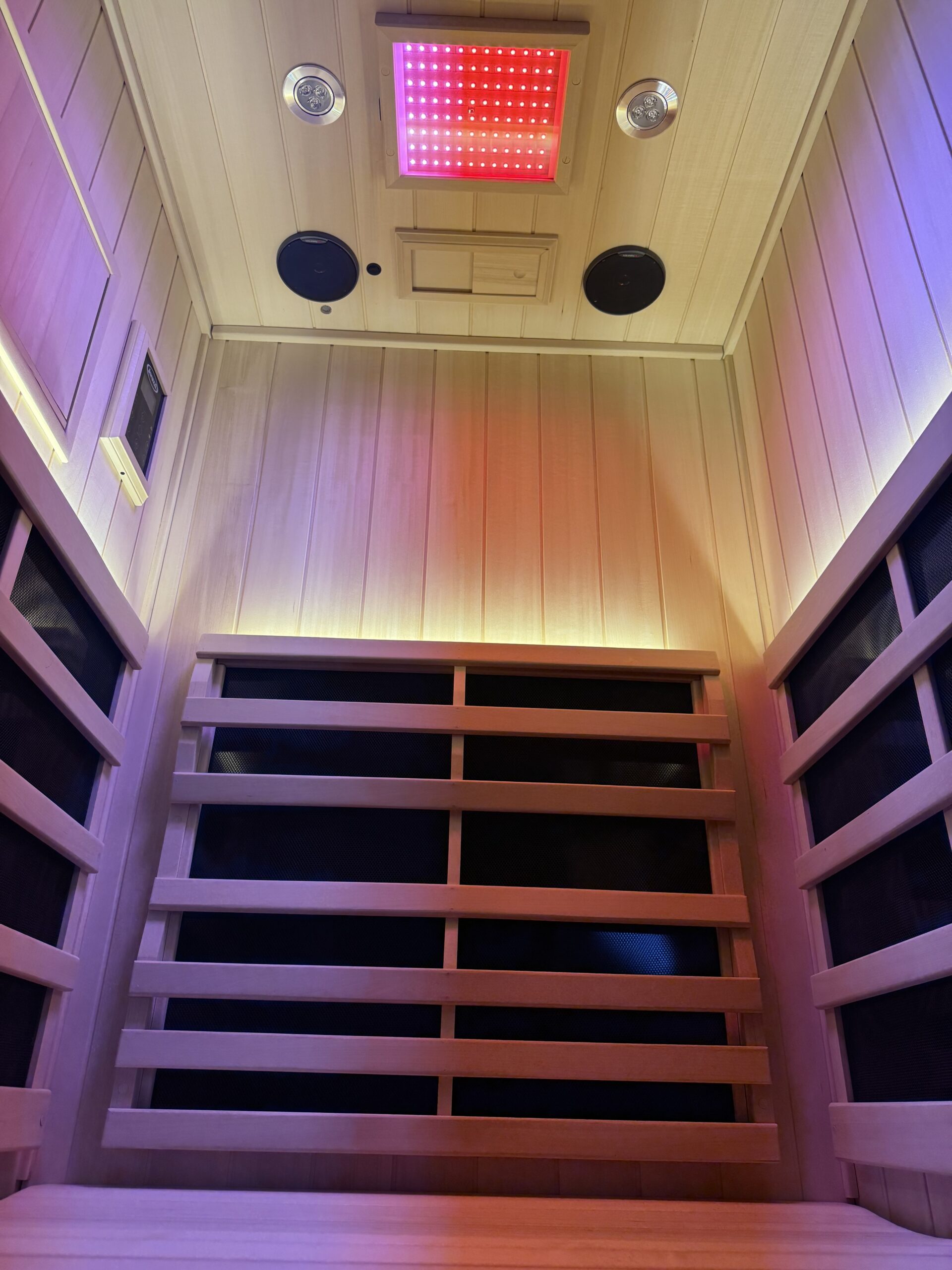inside of sauna with lights on