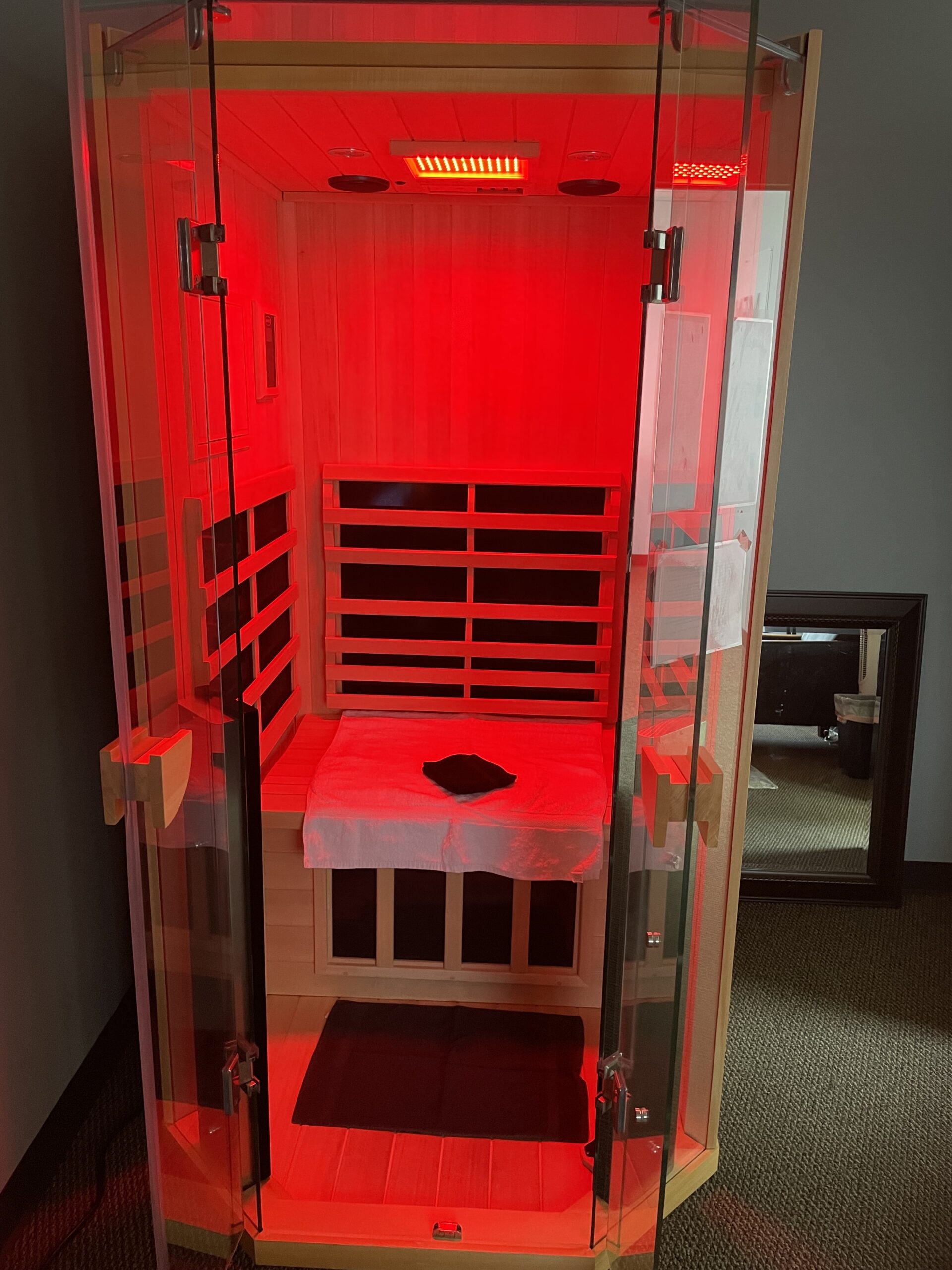 sauna with red lights on